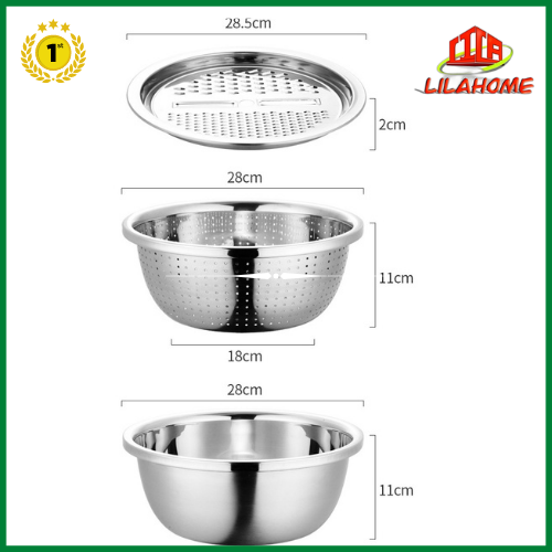 Bộ 3 Món Inox Bào Rau Củ Qủa Đa Năng LILAHOME Cao Cấp- Kiêm Rổ và Chậu Tiện Dụng - Hàng Chính Hãng