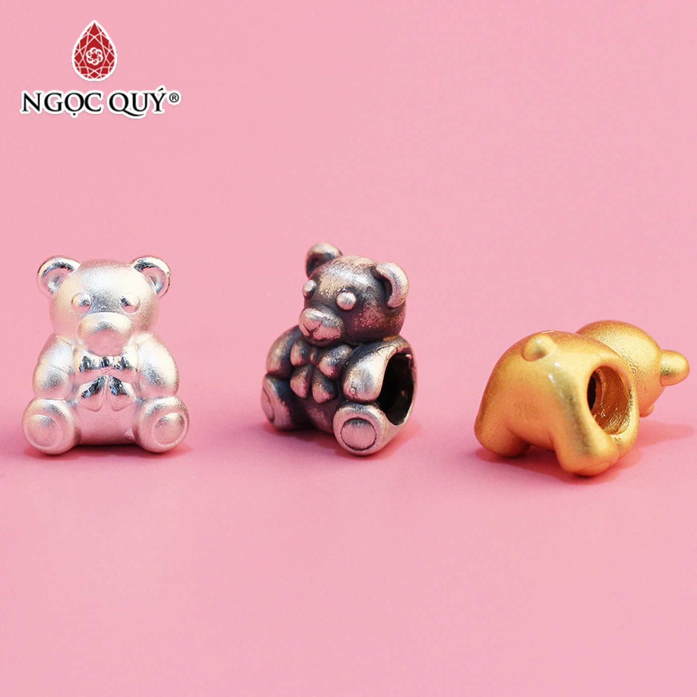 Charm bạc xỏ ngang gấu đáng yêu - Ngọc Quý Gemstones