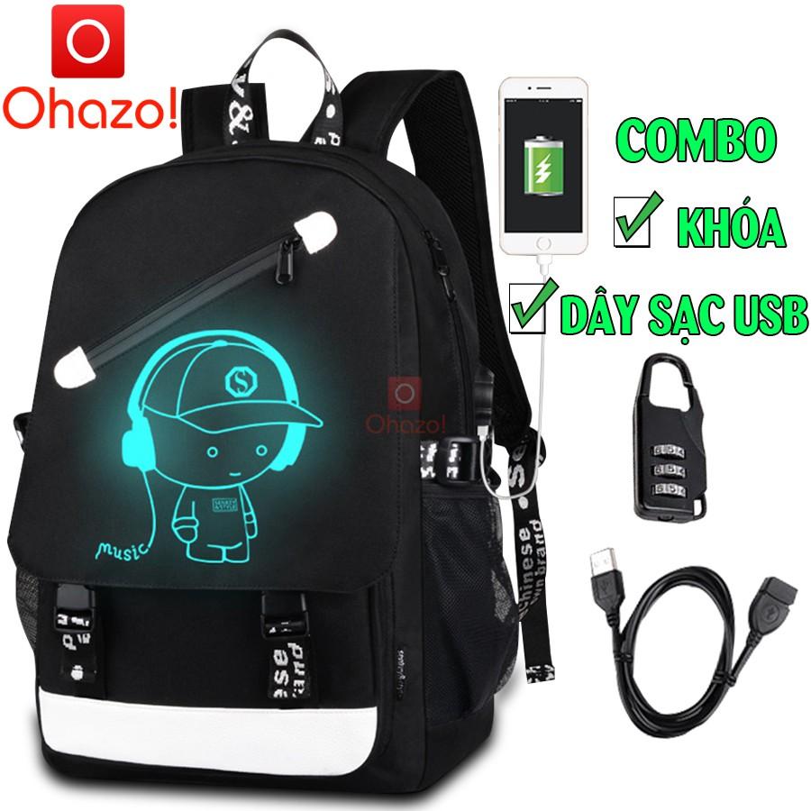 Combo balo phát sáng dạ quang Ohazo! phong cách + Dây cáp sạc USB xịn + Khóa số thông minh siêu HOT