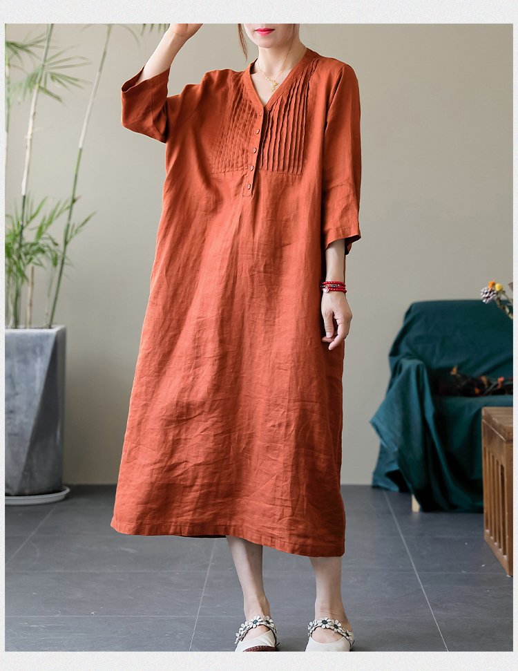 Váy Đầm Trung Niên Dáng Suông Form Rộng  Chất Linen Thoáng Mát Đũi Việt Dv165