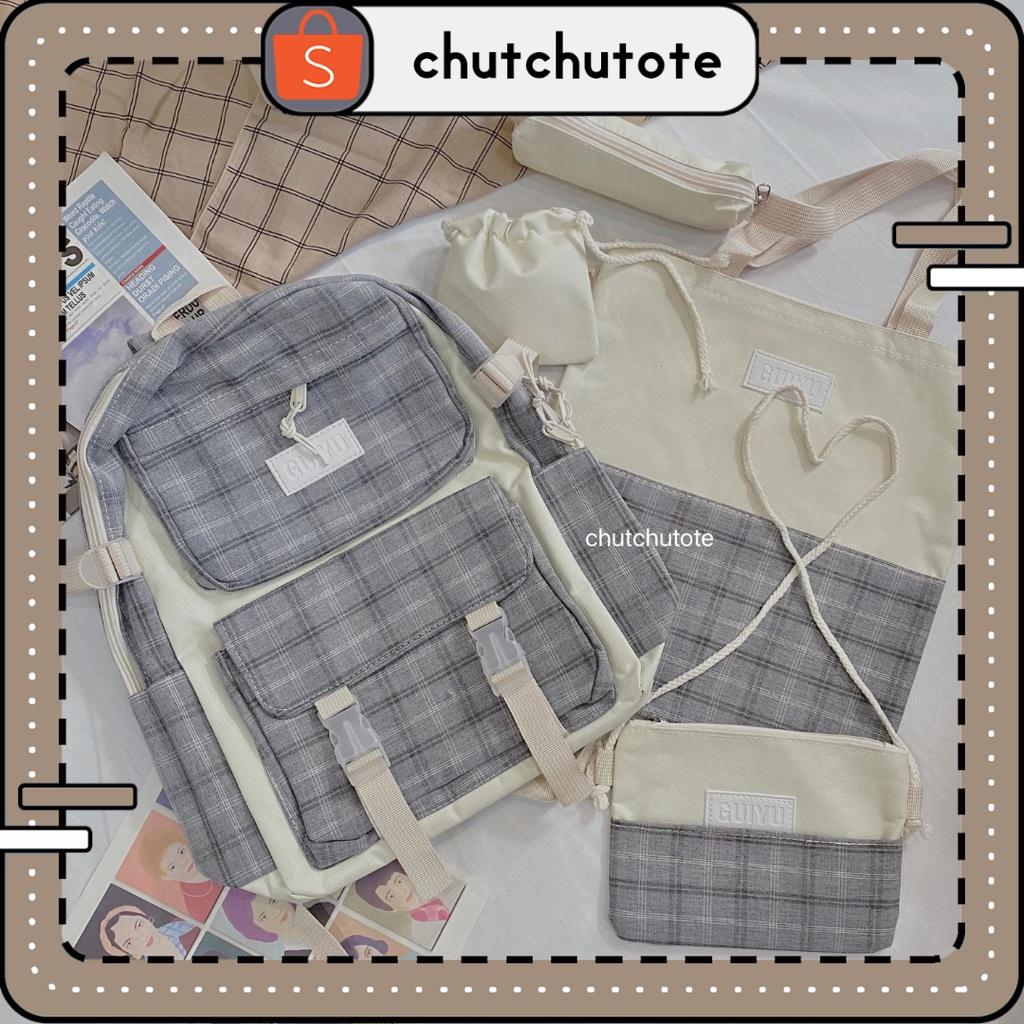 BL145/ Mua 1 Được 5 - Combo Balo Kẻ Caro Đáng Yêu Tặng Kèm Túi Tote + Túi Chéo + Hộp Đựng Bút + Túi Mini