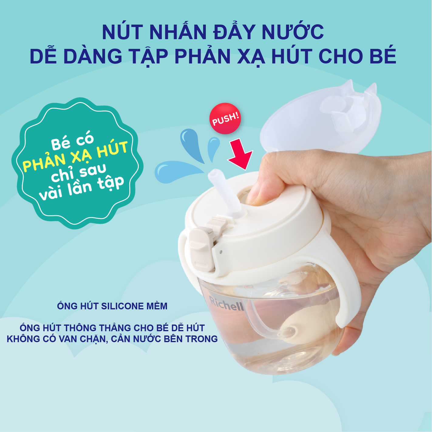 Bình tập hút có nút nhấn đẩy nước RICHELL Nhật chất liệu PPSU 2in1 tập hút & tự hút | Baby