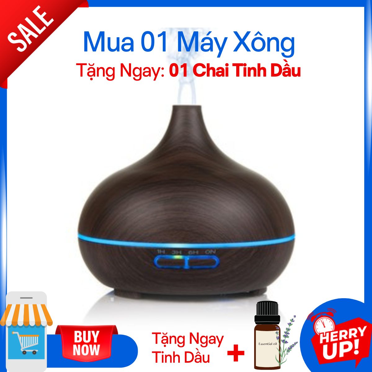 Máy Khuếch Tán/ Máy Xông Tinh Dầu Tròn Cổ Cao 550ml  + 01 Tinh Dầu Thiên Nhiên