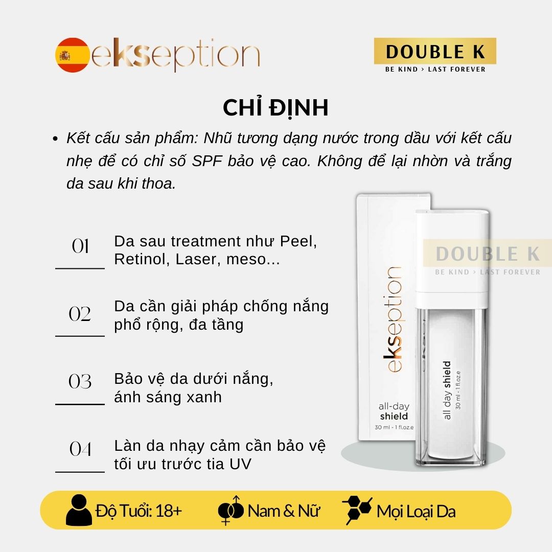 Kem Chống Nắng Phổ Rộng ekseption All Day Shield SPF50+ - Bảo Vệ Da, Ngừa Lão Hóa Sớm, Không Bết Dính - Double K
