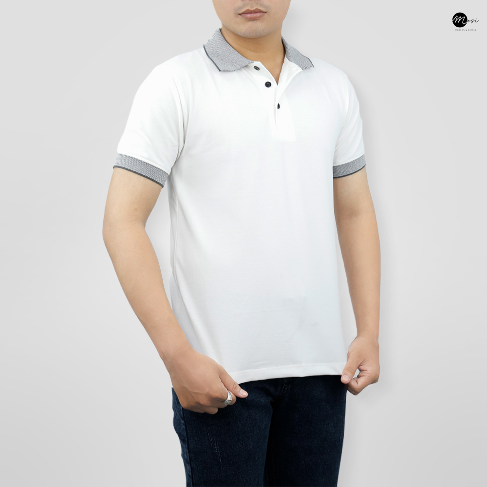 Áo polo nam cổ bẻ phối viền vải cotton chuẩn form, lịch sự, năng động, trắng - MOSI