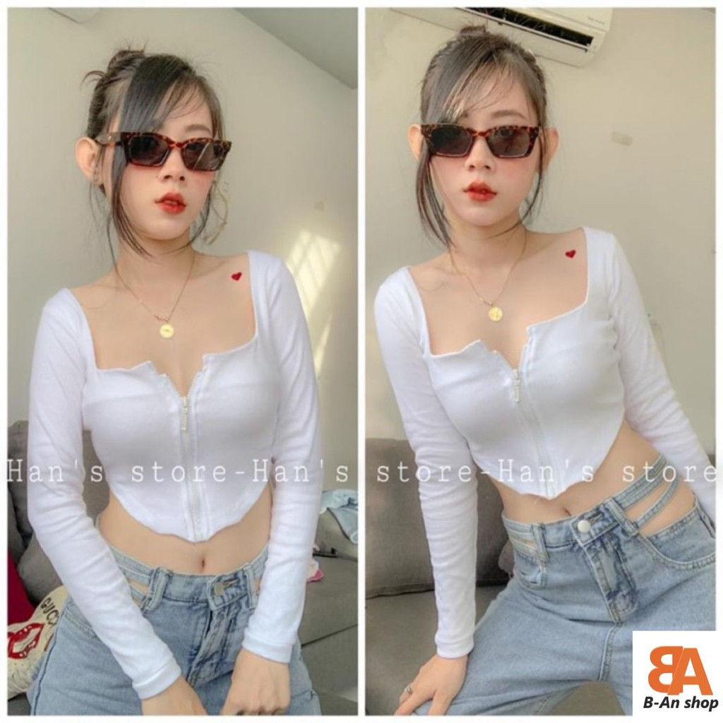 Áo croptop khoá kéo dài tay chất thun Borip 4 chiều Free Size dưới 53kg dành cho nữ cá tính trẻ trung năng động