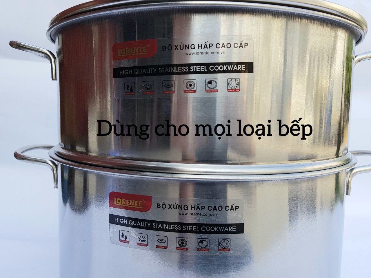 Bộ nồi Luộc gà Kèm xửng hấp Inox, Nắp kính Lorente - Hàng chính hãng