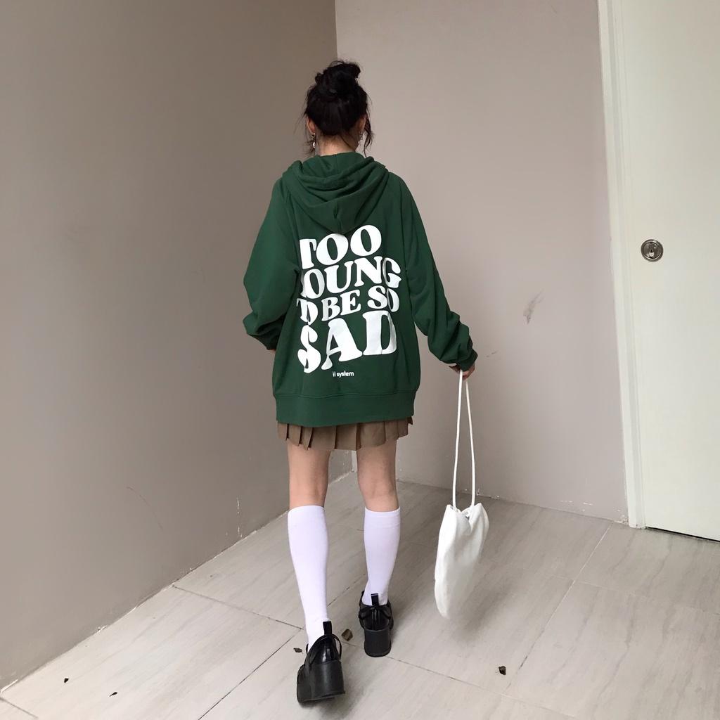 Áo khoác hoodie Kill System So Sad oversize có nón nam nữ, vải nỉ bông mỏng nhẹ, màu rêu phong cách unisex