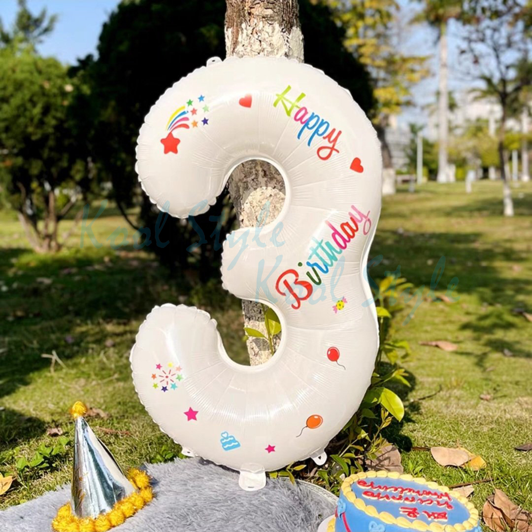 Bóng Kiếng Số Trắng + Decal Happy Birthday - Kool Style