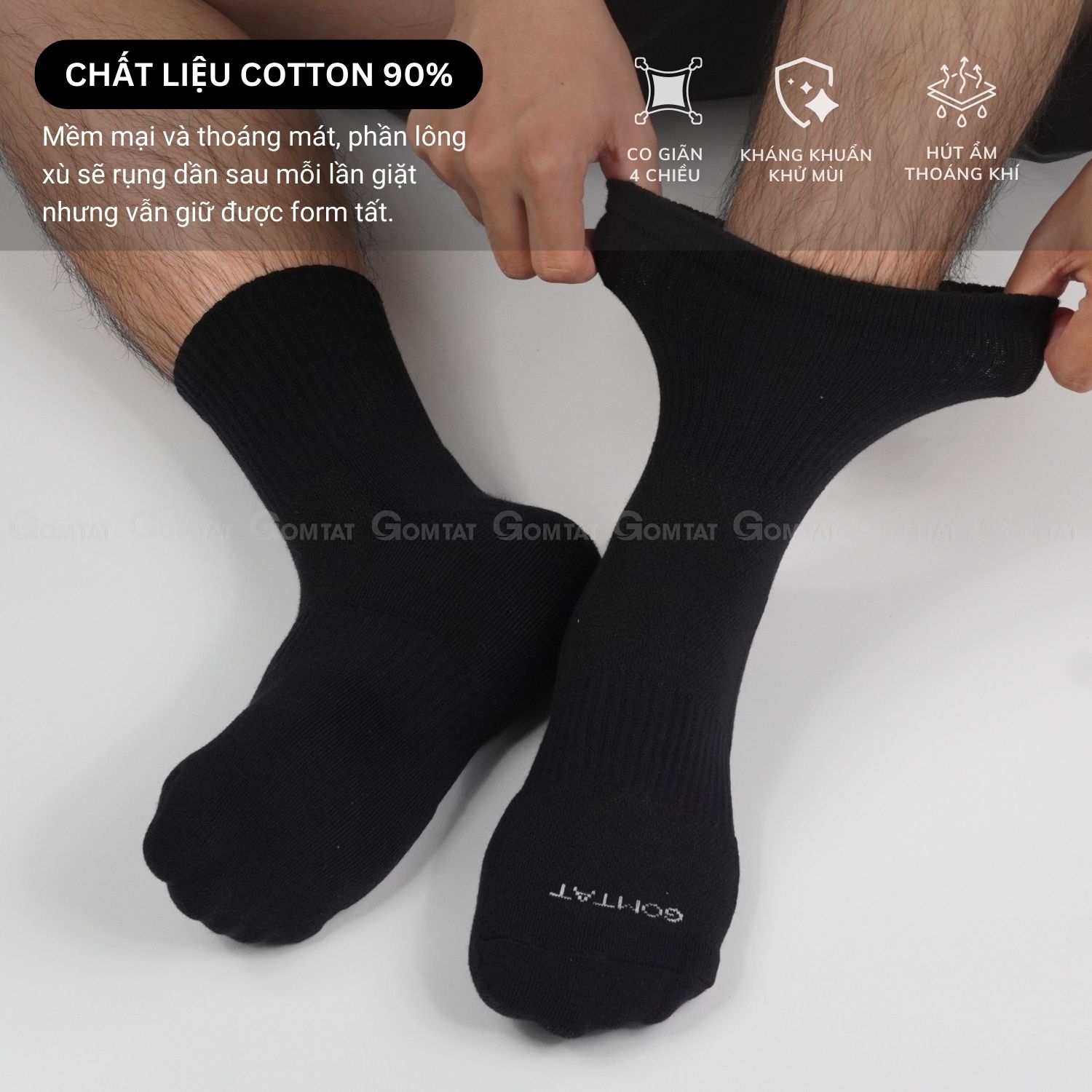 Combo 10 đôi vớ nam nữ màu đen GOMTAT, chất liệu cotton cao cấp, thoáng mát, có lớp xù êm chân - NGAN-STA-5009-DEN-CB10