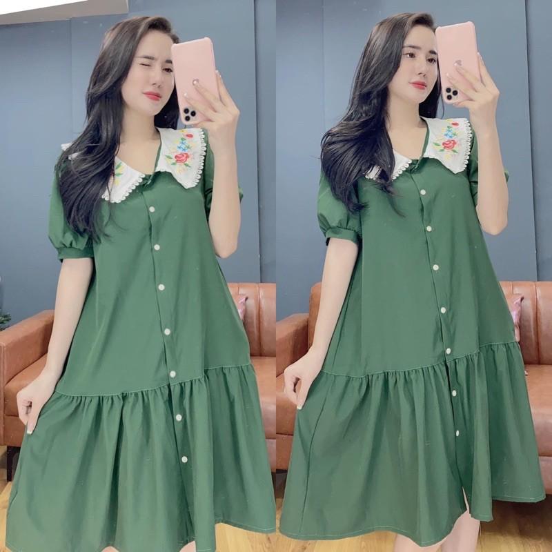 Đầm cổ thêu hoa tay phồng dễ thương