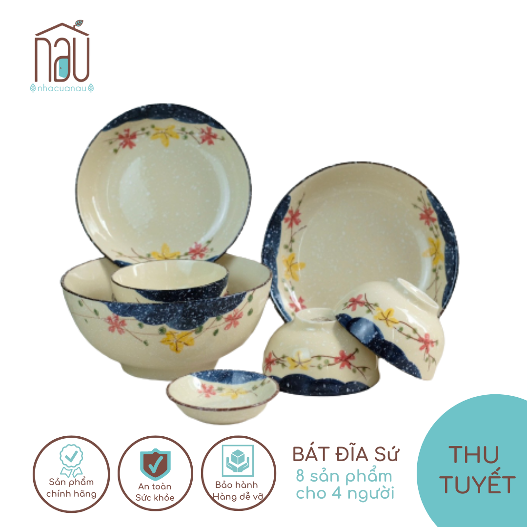 Bộ Chén đĩa bát sứ Thu Tuyết hoạ tiết sakura kết hợp các bông tuyết đặc biệt thích hợp làm quà cưới, tân gia