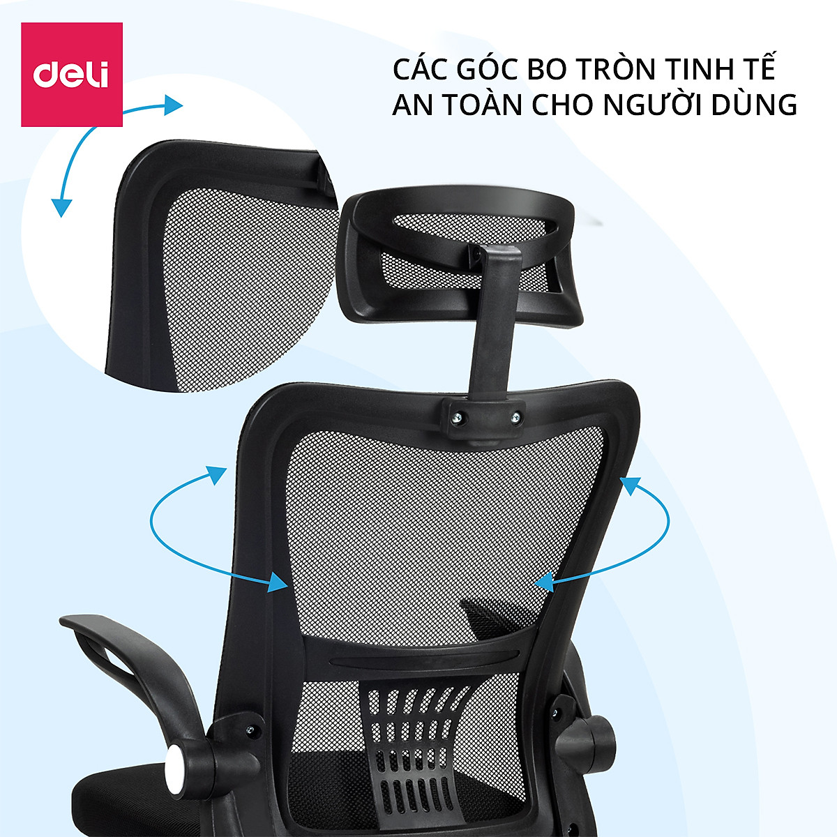 Ghế Xoay Văn Phòng Ngồi Làm Việc Công Thái Học Có Tựa Đầu Deli - Tay Gập Thông Minh, Có Ngả Lưng, Lưới Thoáng Khí, Chân Xoay Tiện Ích, Đệm Ghế Êm Aí - Phù Hợp Học Sinh, Văn Phòng, Game Thủ, Gaming - Hàng Chính Hãng