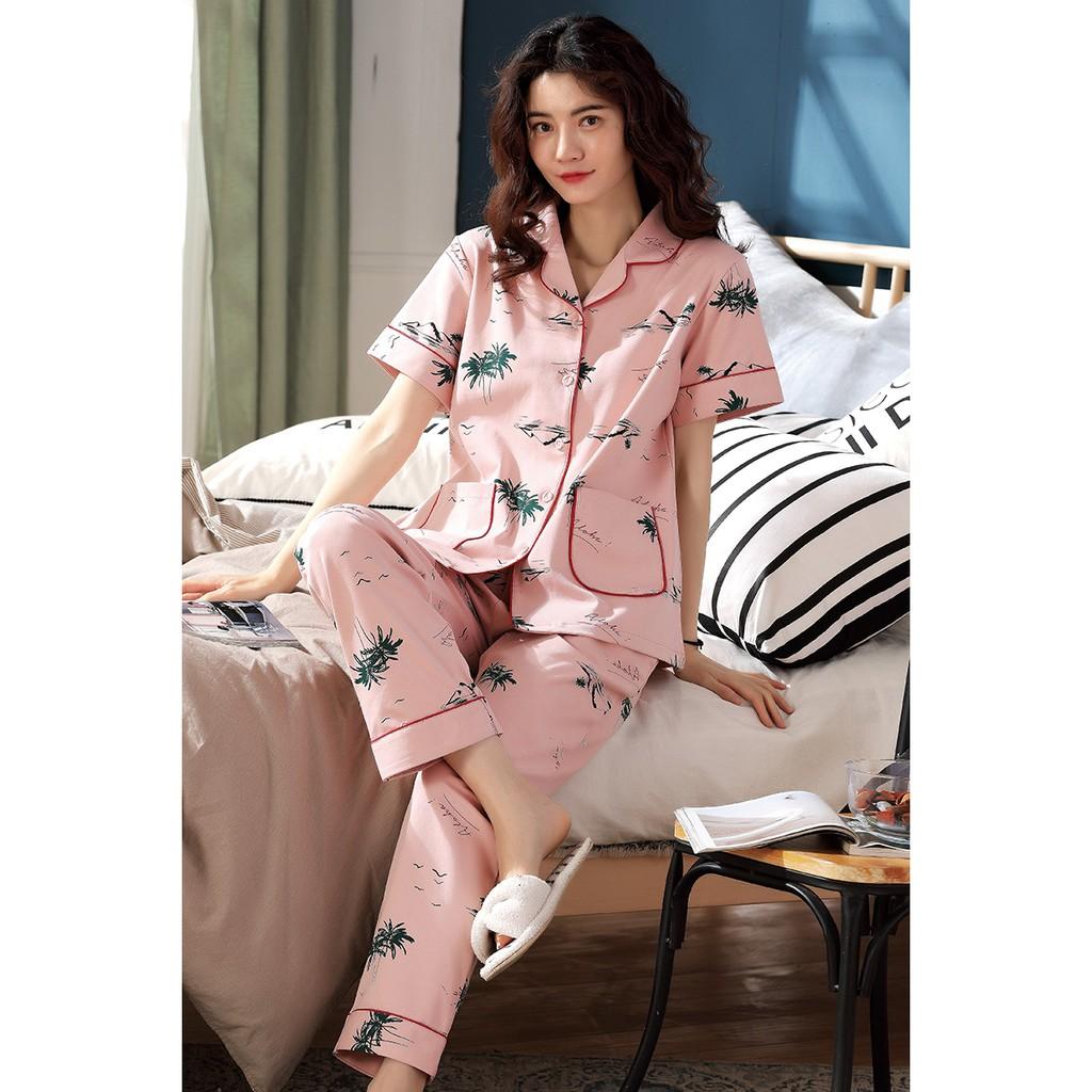 Đồ bộ cao cấp Pijama quần dài áo cộc, màu hồng tôn da, chất liệu cotton 100% thoáng mát