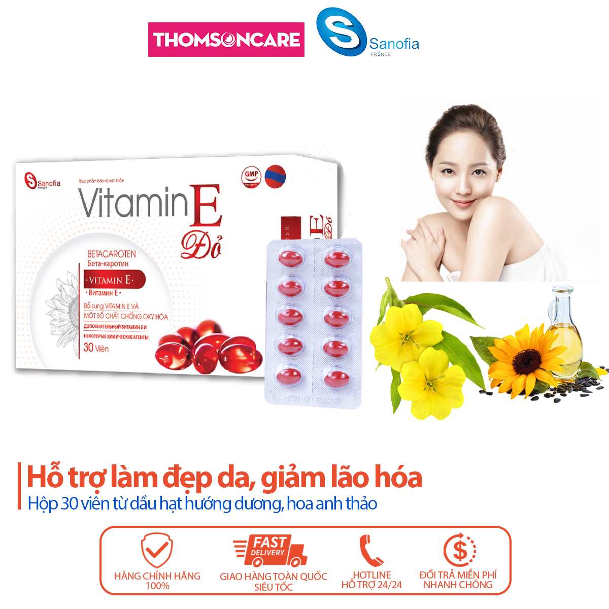 Vitamin E đỏ Sanofia - Giúp đẹp da, giảm lão hóa, chống oxy hóa, giảm nhăn da, nám da, tàn nhang, trắng da từ dầu hạt hướng dương - Hộp 30 viên  Thomsoncare