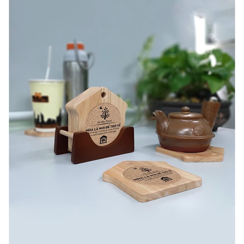 Bộ 6 cái lót ly hình ngôi nhà - Tặng kèm khay đựng siêu tiện dụng | Gỗ Đức Thành 28191 | Gia đình, quán Cafe