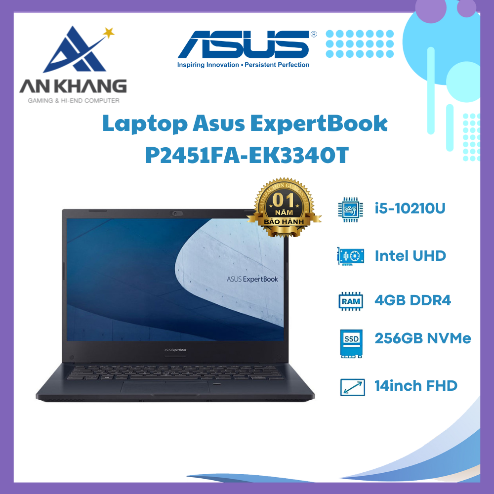 Laptop Asus ExpertBook P2451FA-EK3340T, i5-10210U/4GB/256GB/14.0FHD/W10SL/Đen - Hàng Chính Hãng - Bảo Hành 12 Tháng
