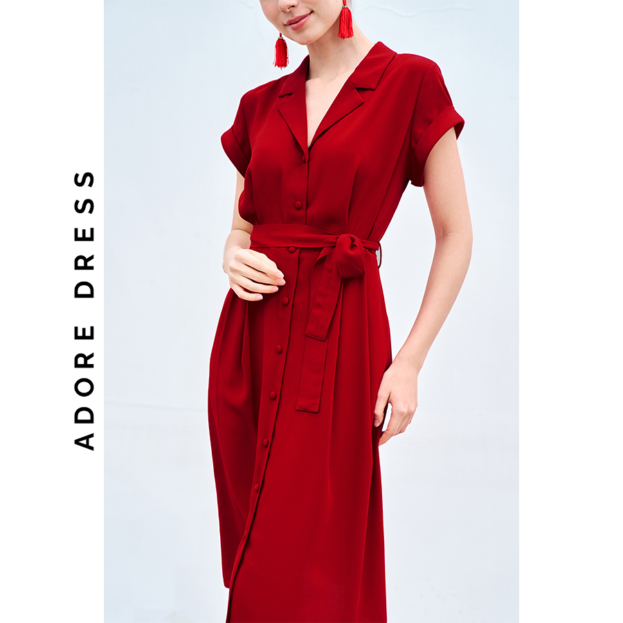 Đầm Midi dresses tuytsy trơn navy, đỏ  xếp ly eo 311DR2020 ADORE DRESS