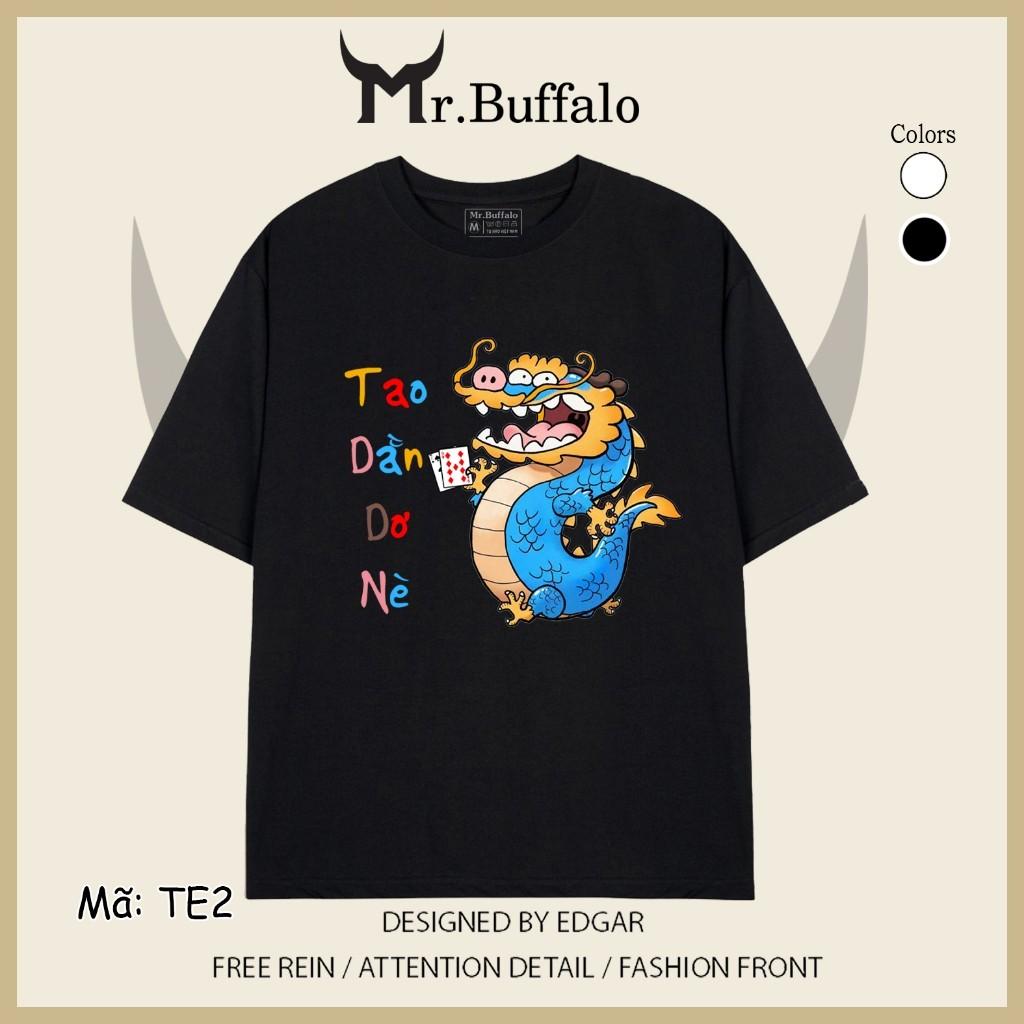 Áo Thun tay lỡ trắng đen xì rách tết 2024 rồng TE2 Mr.Buffalo - TE2- Trắng