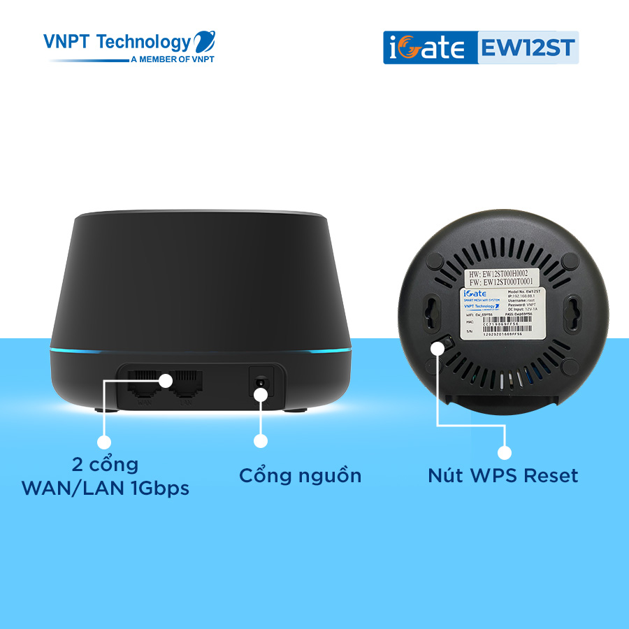 Hệ thống WiFi Mesh VNPT Technology iGate EW12ST (3-pack) 2 băng tần chuẩn AC tốc độ cao có thể treo trần treo tường hàng chính hãng