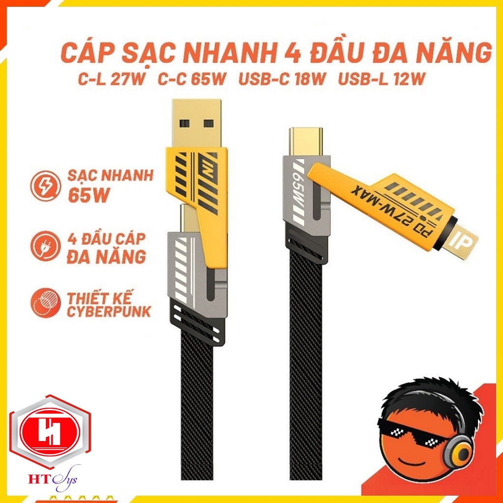 Cáp Sạc 4 Trong 1, Dây Sạc Nhanh Đa Năng C to L, C to C, Usb -C, Usb -L tối đa 65W - Hàng Chính Hãng