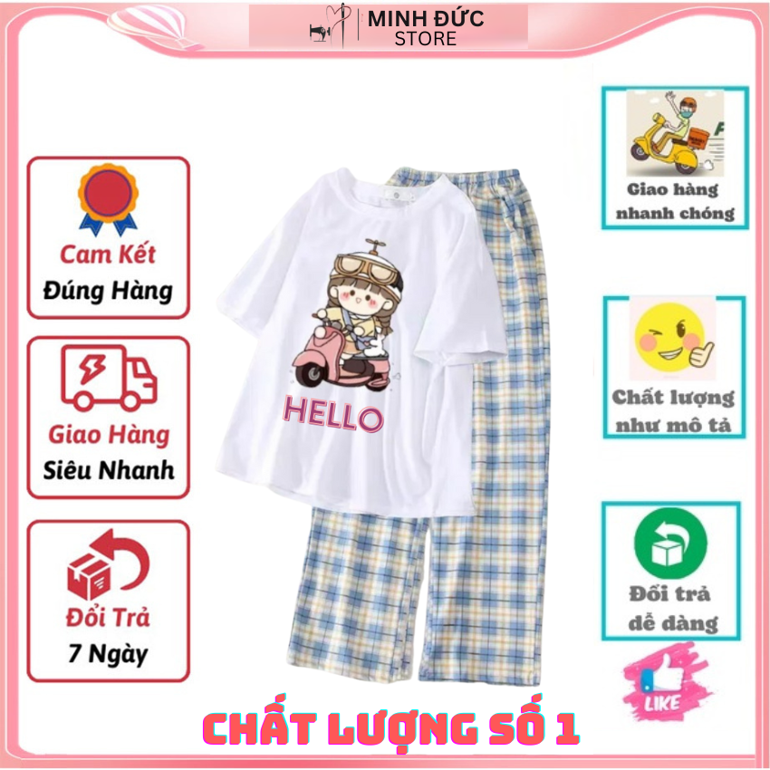 Sét Áo Và Quần, SS06 Sét Đồ Nữ Đi Chơi Đẹp In Hình Cô Gái Lái Xe Dễ Thương, Sét Áo Vải Cotton,Và Quần Kẻ Cá Tính