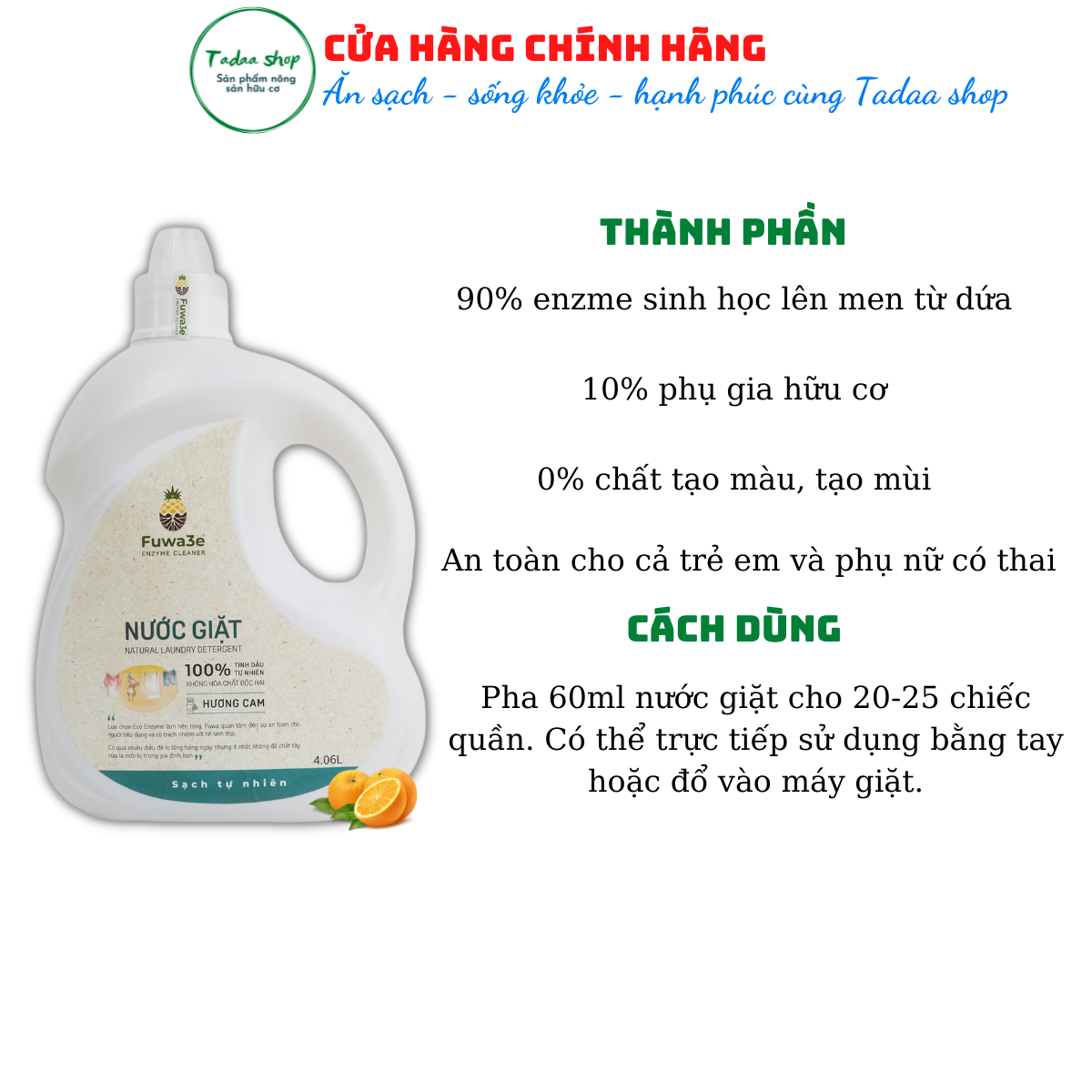 Nước giặt sinh học hữu cơ Fuwa3e tiết kiệm nước, cực sạch, an toàn cho bé hương cam can 4060ml