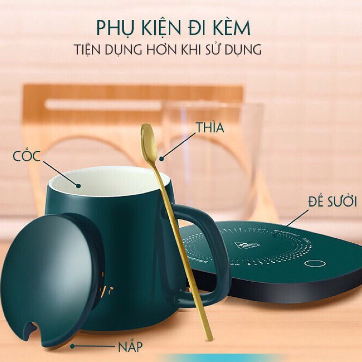 Cốc Hâm Nóng Đồ Uống Kèm Đế Điện, Bộ Ly Sứ Kèm Đế Điện Hâm Nóng Trà, Cafe, Hâm Sữa Kèm Thìa Vàng, Hộp Sang Trọng Giao Màu Ngẫu Nhiên