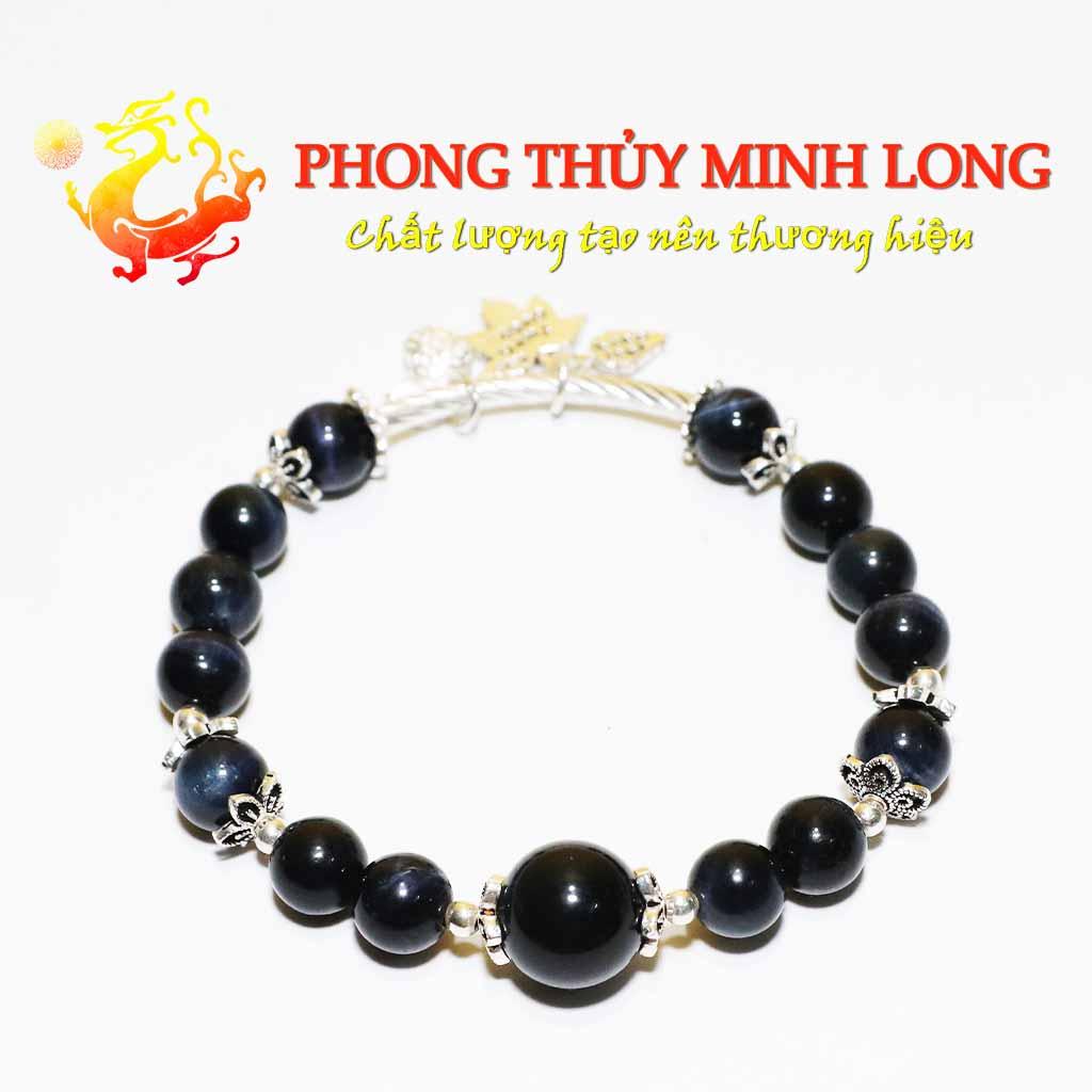 Vòng tay đá Mắt Hổ Chim Ưng mix túi tiền lá bạch dương bạc nhỏ xinh với người mệnh Kim và Thủy