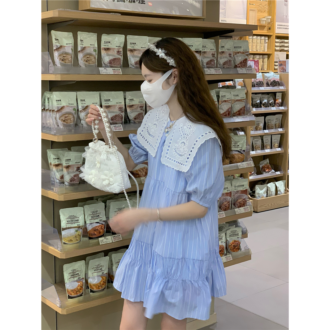 CHENGRUI Sữa ngọt chạy trốn công chúa váy mùa hè dịu dàng sữa tốt váy người đàn ông nhỏ rất khác biệt màu xanh sọc chạm rỗng váy