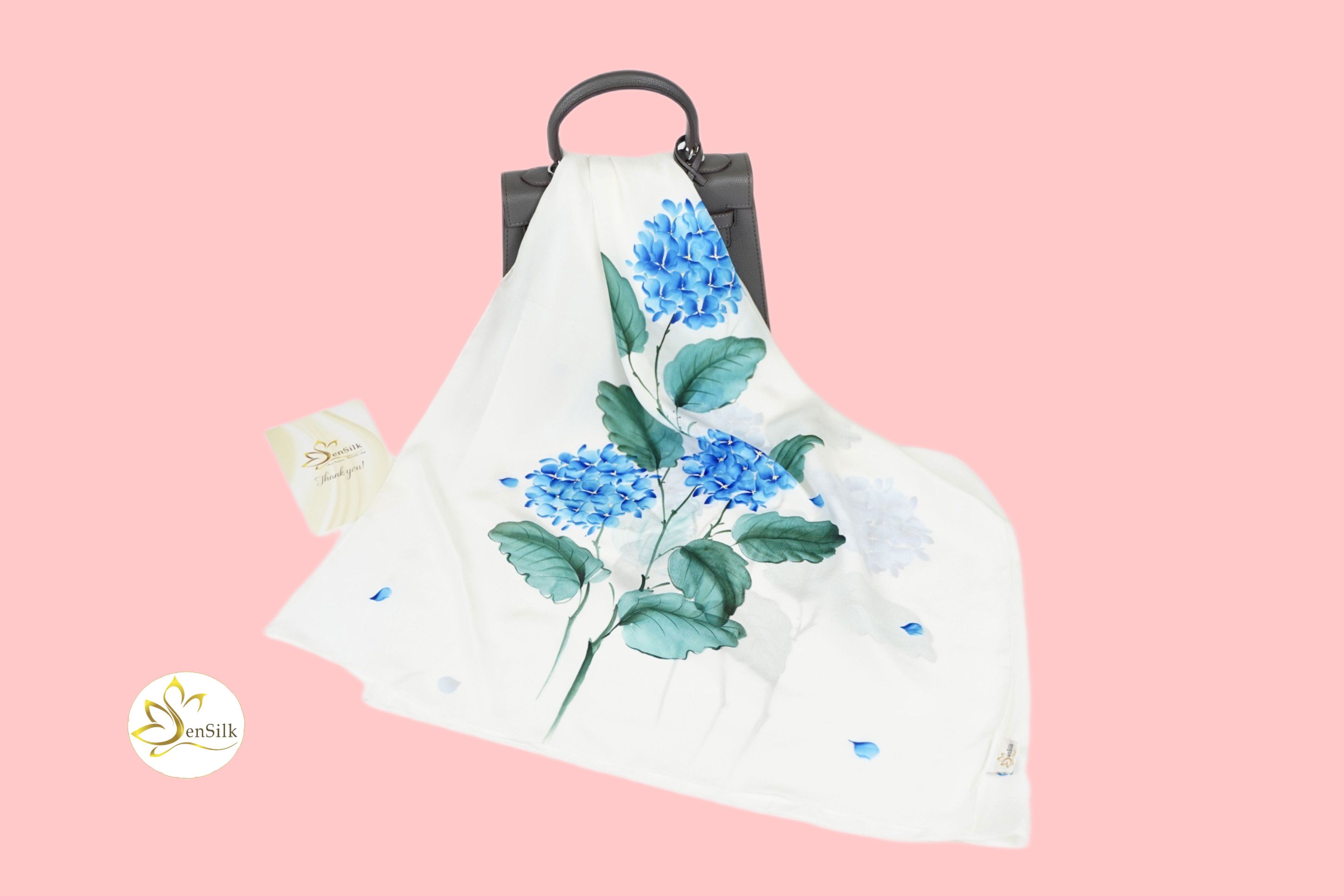 Silk Hand Painted 100% Pure Silk - Khăn Lụa Cao Cấp Vẽ Tay Cẩm Tú Cầu - Quà Tặng Khăn Lụa