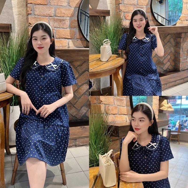 Đầm bầu chấm bi cổ sen đính nơ dễ thương, thanh lịch phù hợp cho mẹ bầu và sau sinh - Trắng kem