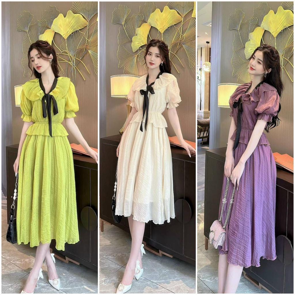 Đầm midi cao cấp cổ bèo cột nơ tay phồng