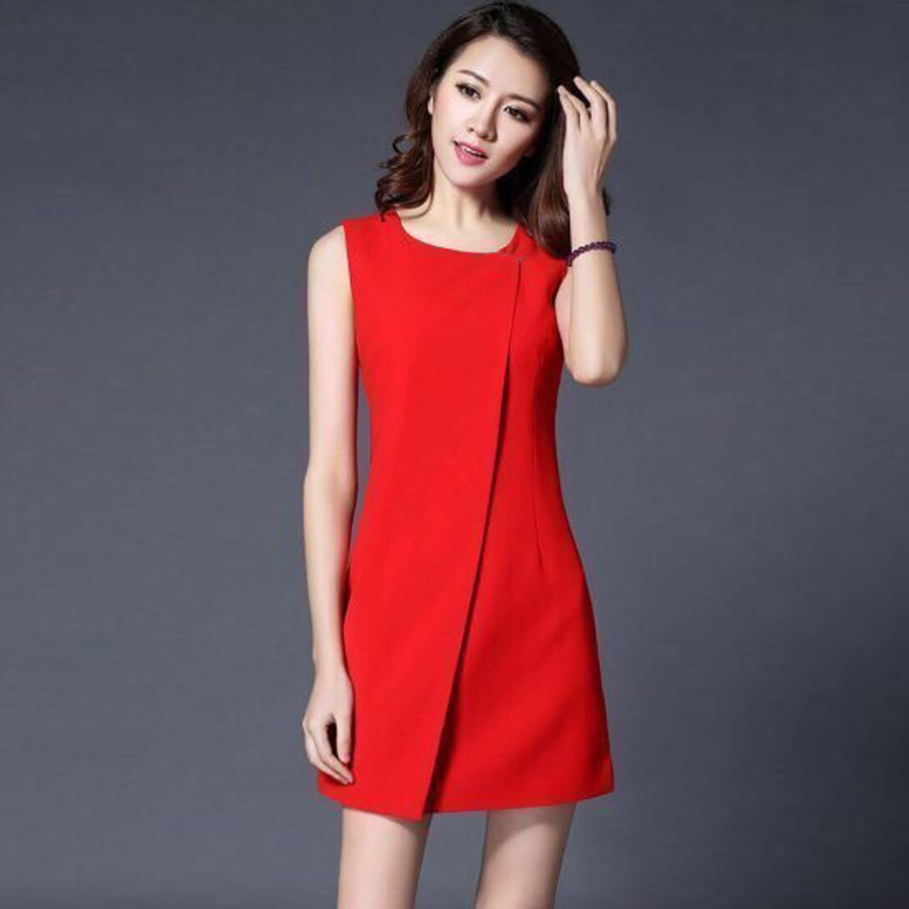 Đầm Dáng Suông Phối Tà Trước Màu Đỏ - Size M