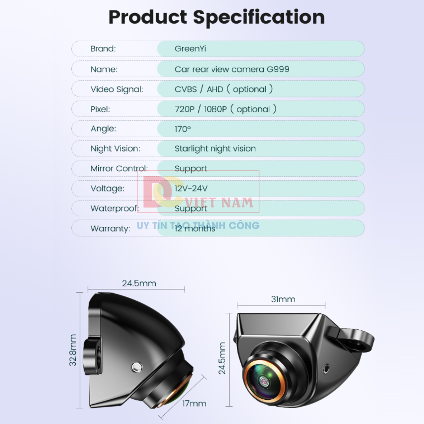 Camera tiến lùi ô tô GreenYi G999 chuẩn AHD 1080P xoay 360 độ cảm biến quang học, chống nước IP68