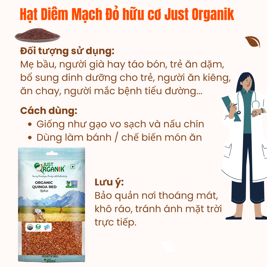 Hạt Diêm Mạch Đỏ Hữu Cơ Quinoa Just Organik Nhập Khẩu Ấn Độ Cho Bé Ăn Dặm Nguyên Liệu Làm Ngũ Cốc Ăn Kiêng 500g