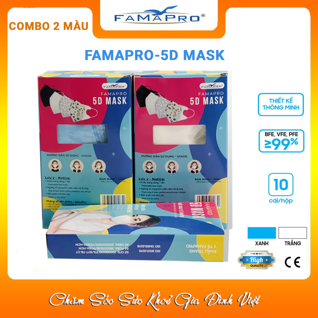 [COMBO 2 Màu Ưu Đãi] Khẩu trang kháng khuẩn Famapro 5D Mask/Kháng khuẩn, virus, bụi 99% /Chính Hãng Hộp 10 cái)