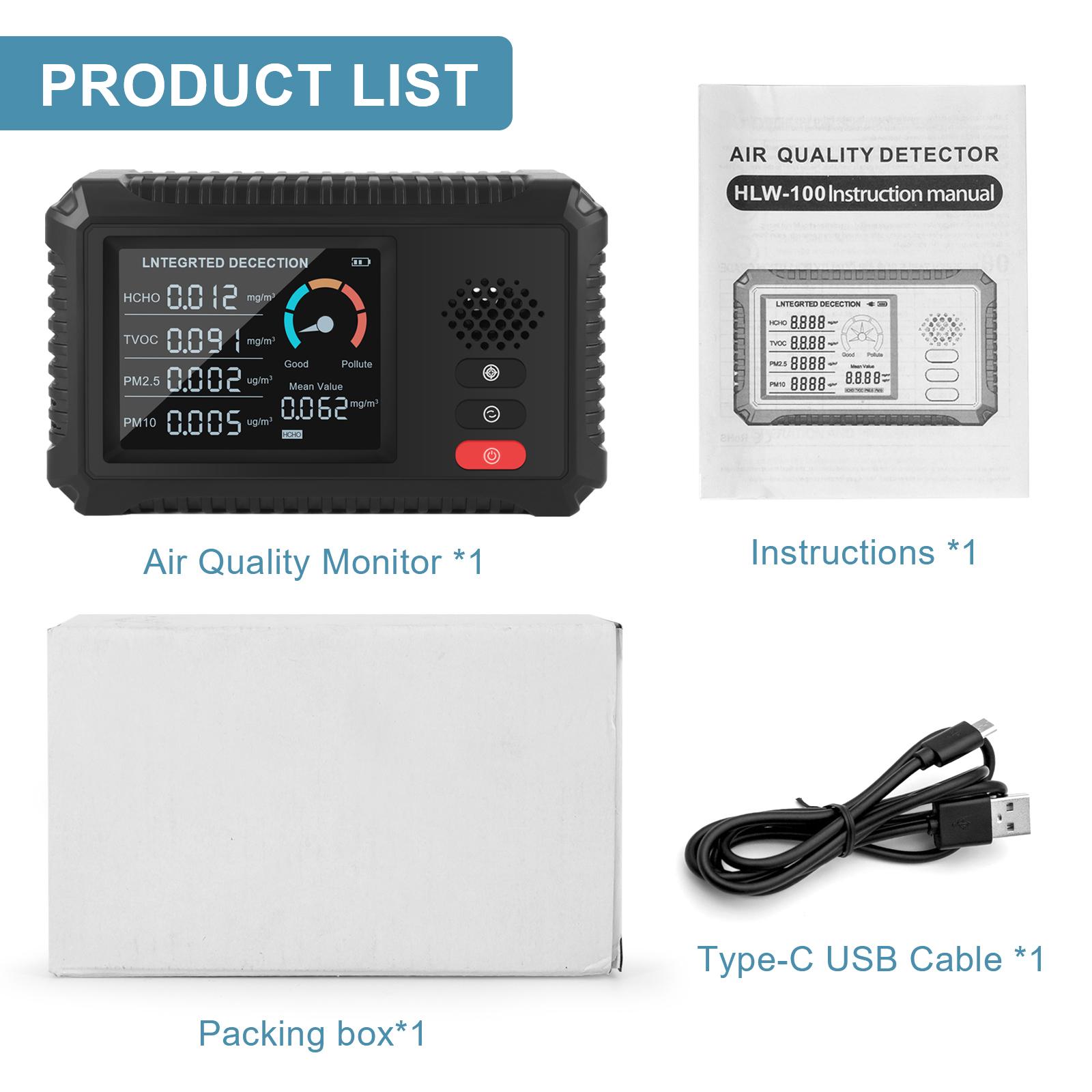 Air Quality Monitor Formaldehyde Detector TVOC PM2.5/PM10 Tester Air Gas Detector Real Time Data Monitoring