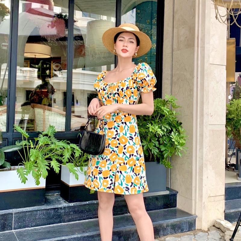 Đầm hoa ngắn chữ A thắt nơ ngực - Audrey Studio