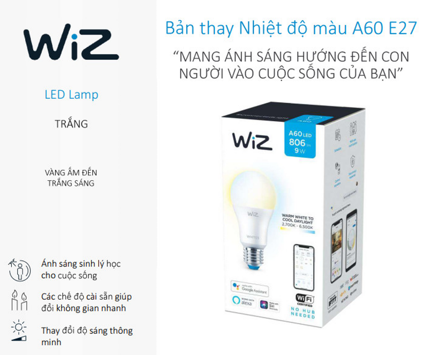 Bóng đèn WiZ thay đổi nhiệt độ màu Wi-Fi TunableWhite/9W A60 927-65