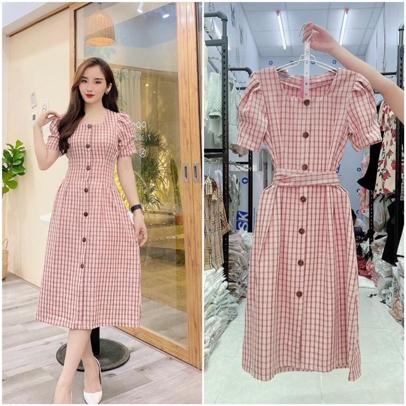 Đầm đũi kẻ hồng phối cúc siêu xinh hàng thiết kế sale sốc
