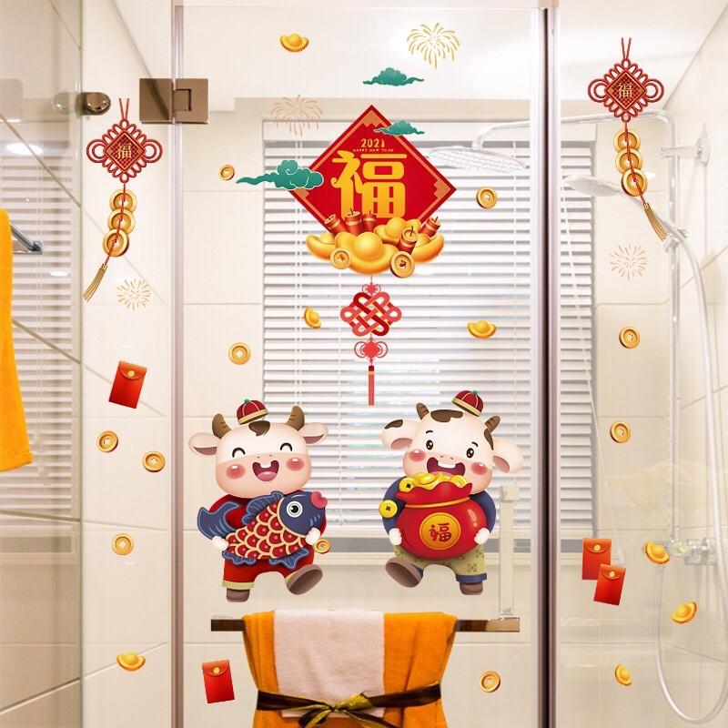 Decal trang trí Tết - 2 Bạn Trâu Sữa ôm Cá Tiền đáng yêu