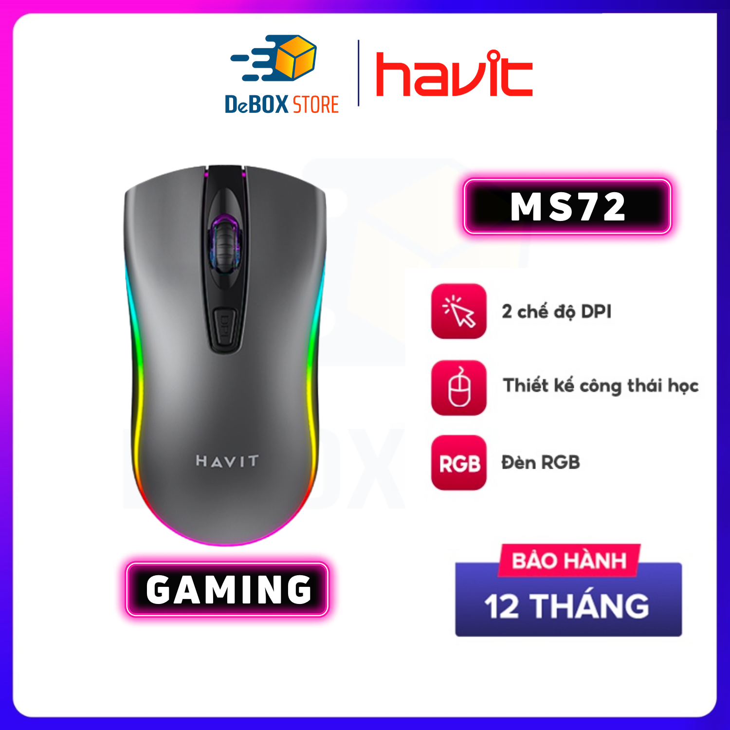 Chuột Có Dây Văn Phòng HAVIT MS72 Độ Nhạy Lên Đến 1200 DPI , Có Đèn RGB - Hàng Chính Hãng