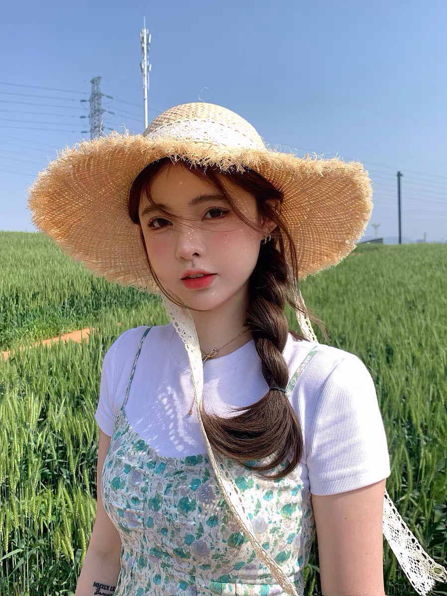 Nón cói rơm dây nơ ren vành xước vintage