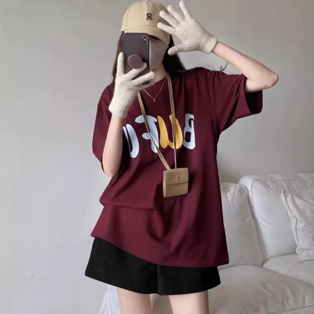 Bộ Áo Thun BUFU Đỏ Mận Cộc Tay Kèm Quần Short Thun Gân