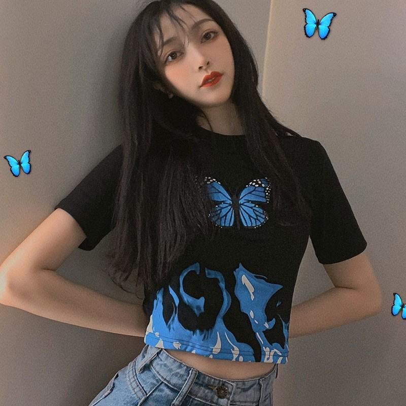 Áo Thun Tay Ngắn In Hình Bướm Phong Cách Retro Cho Nữ
