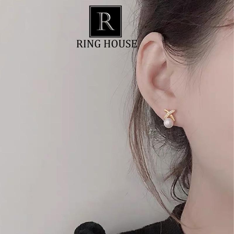 (Bạc 925) Khuyên Tai Bông Tai Nữ Chữ X Đính Hạt Trai Đẹp Freeship Ring House