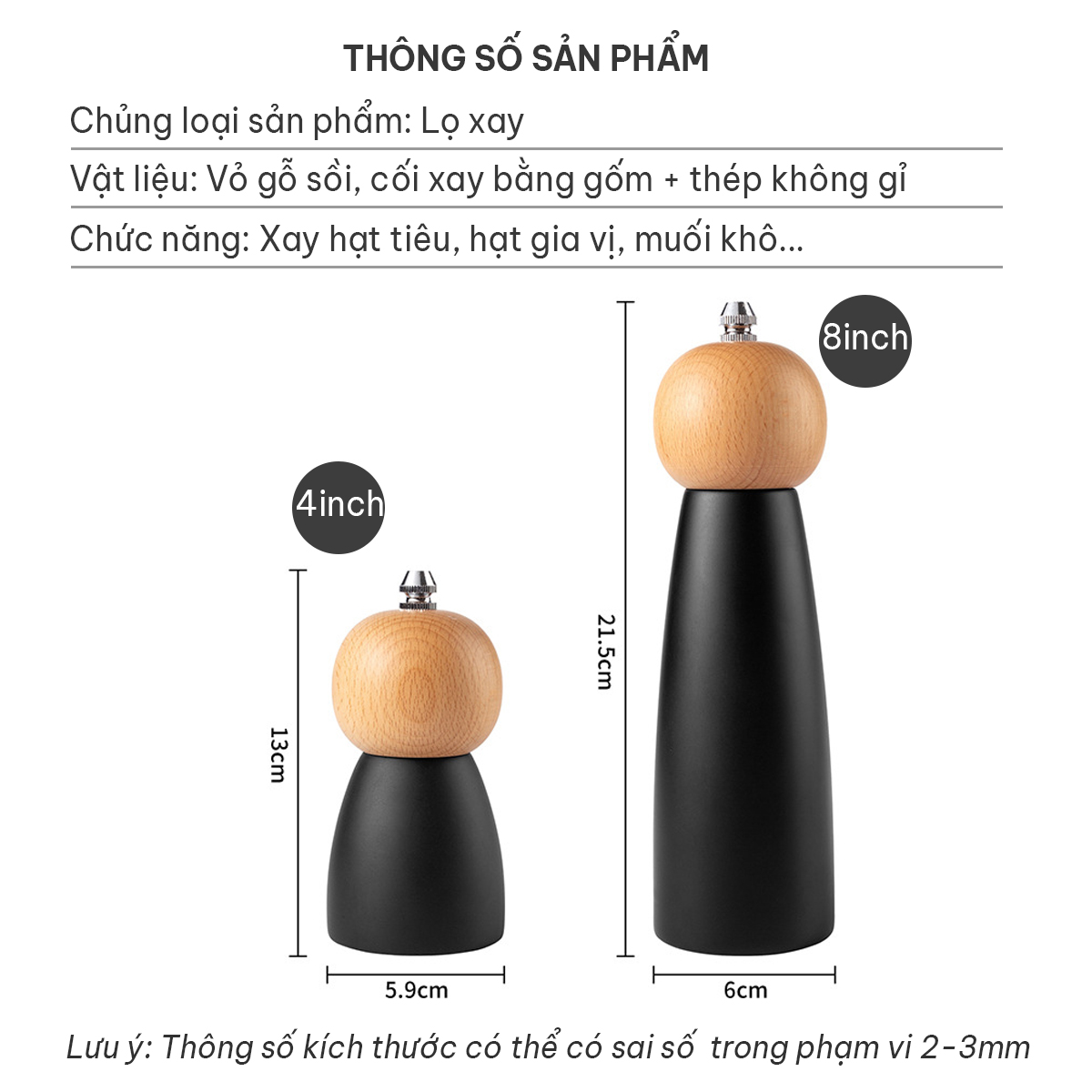 Lọ xay hạt tiêu cao cấp phong cách Nhật | Cối xay tiêu bằng tay vỏ gỗ, lõi xay bằng gốm bền bỉ