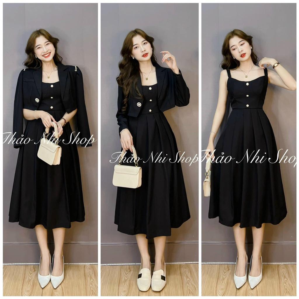 Set đầm midi đen 2 dây kèm khoác crop vest tay dài đính hạt sang chảnh thảo nhi shop