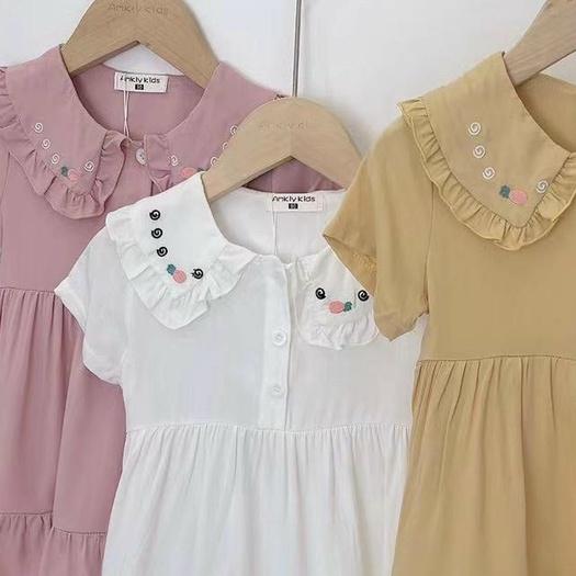 Váy hè cho bé gái 9m-5 tuổi cộc tay cổ bèo thêu hình, Đầm babydoll trẻ em vải thô mềm nhẹ thoáng mát